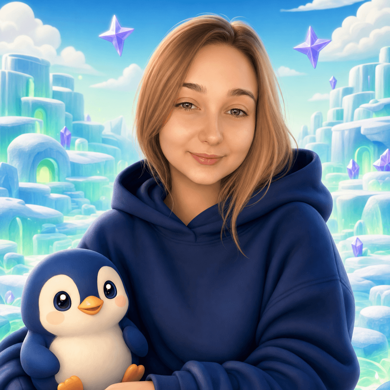 Minapolis with a small blue penguin in an icy Web3 world
