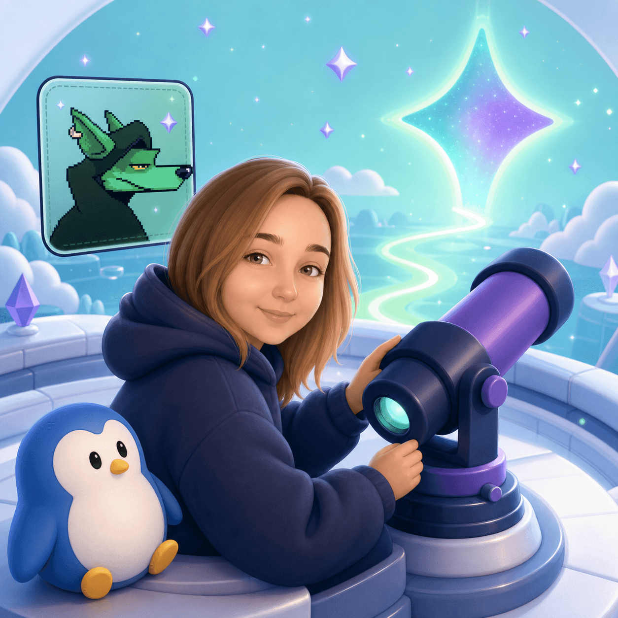 Minapolis at an icy Web3 observatory with a telescope, a penguin companion, and the old Chopper avatar