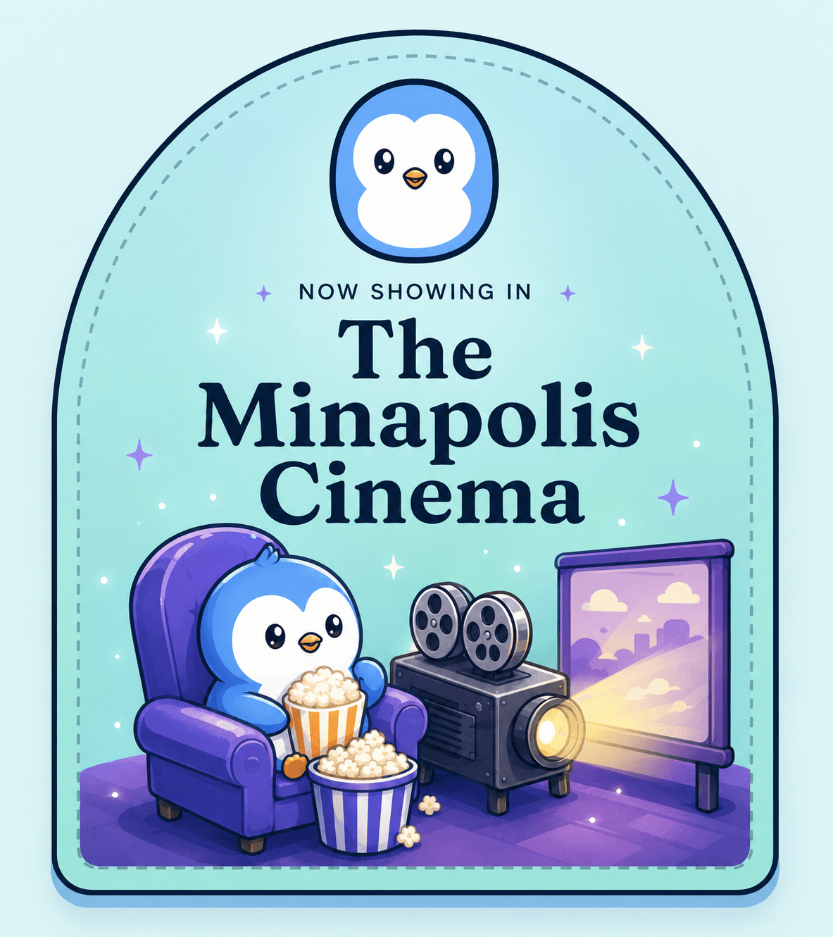 The Minapolis Cinema with a blue penguin, popcorn, and a movie projector