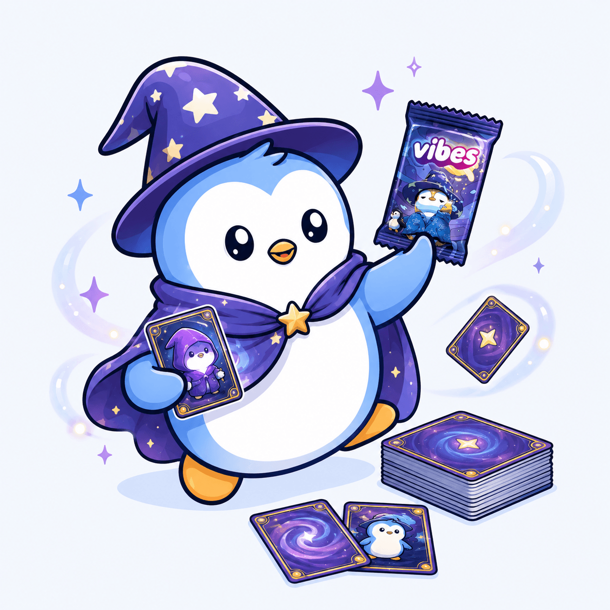 Blue wizard penguin holding Pudgy Vibes cards